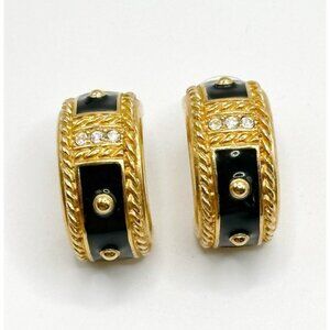 Swarovski Swan Signed Pierced Earrings Black Enamel Clear Crystal Half Hoop